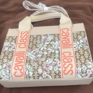 Cavalli Class Beige Floral Logo Tote with Pink Accents